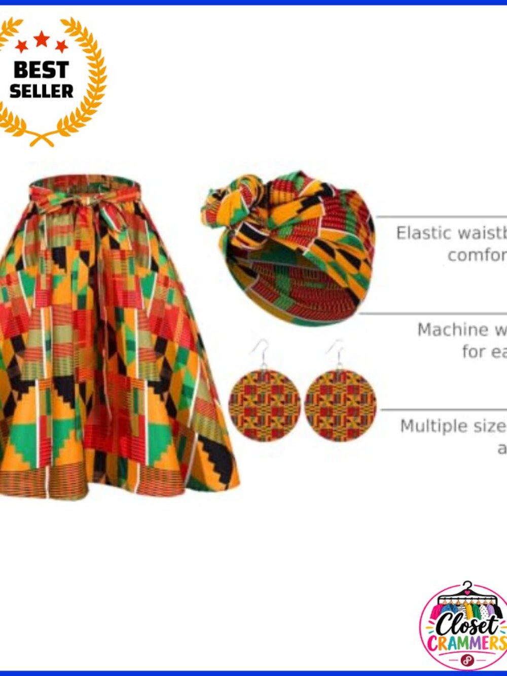 African Print High Waist Midi Skirt Headwrap Earrings 3 Pc Set - Picture 3 of 6